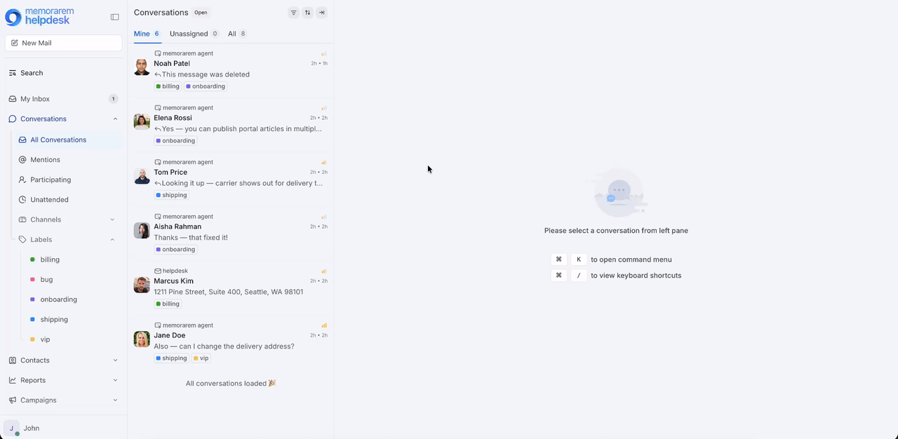 memorare Customer Support in action
